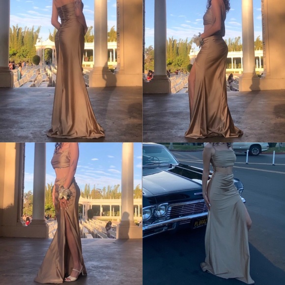 gold formal cutout prom dress with slit - Picture 3 of 6